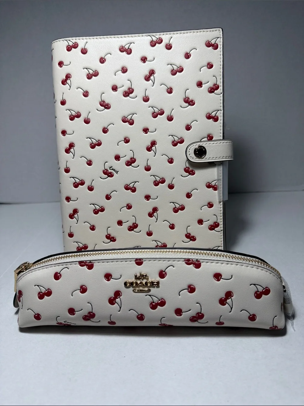 Coach White Cherry Print Notebook Pencil Case